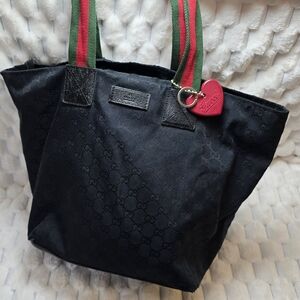 Gucci Black Tote Bag with Red and Green Straps